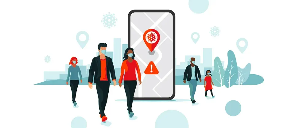 Animated image of pedestrians wearing face masks around a large smartphone showing COVID-19 transmission data